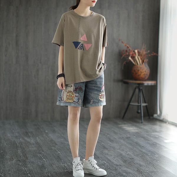 

women's jeans arrival summer women loose casual elastic waist patchwork straight-leg pants embroidery cotton denim short a224, Blue