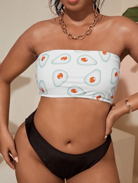 

plus fruit print bandeau bikini swimsuit l74h#, Black