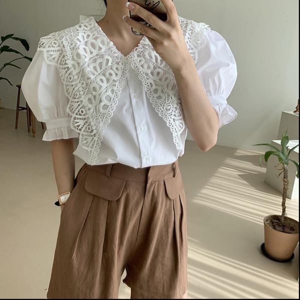 

elegant vintage lace lapel white blouses women 2021 new summer korean style puff sleeve shirt femme blusas