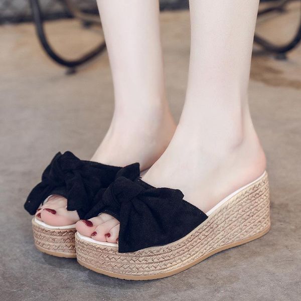 

slippers sweet bow-knot ladies high heels creepers flats cozy slides platform sandals anti-skid beach shoes women loafers a385, Black
