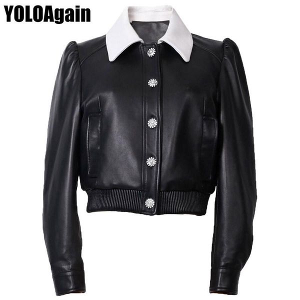 

women's leather & faux yoloagain women genuine jacket beading buttons soft real sheepskin, Black