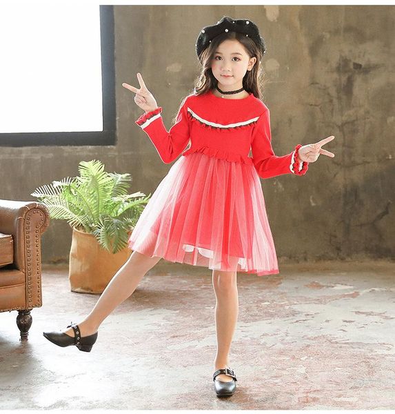 

girl's dresses autumn winter girls knit sweater dress long sleeves big children christmas princess for mesh patchwork ball gown, Red;yellow