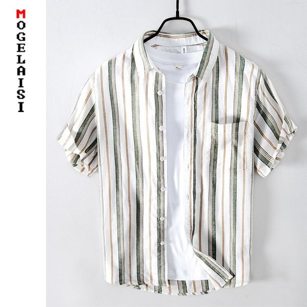 

men's casual shirts fashion linen shirt men short sleeve striped summer breathable pocket for man clothing asian size 887, White;black