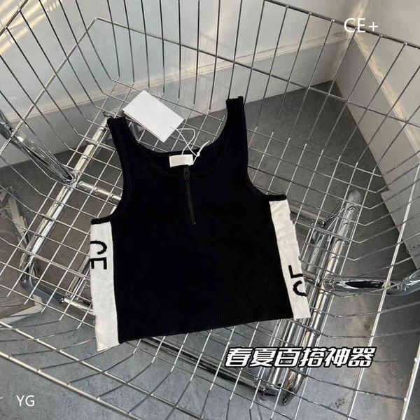 

2022 factory wholesale new 22 year summer korean ce + letter jacquard zipper knitted vest women's temperament commuter slim short top, White
