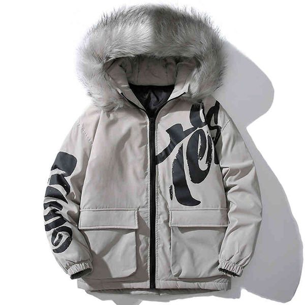 

down jacket men fashion winter fur collar thicken warm 90% white duck coat hooded loose puffer outwear, Black
