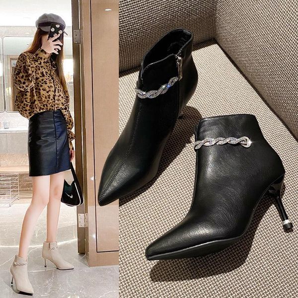 

boots women high heeled short boots,winter shoes,pointed toe,rhinestone ankle botas,thin heel,side zip,black,beige,drop
