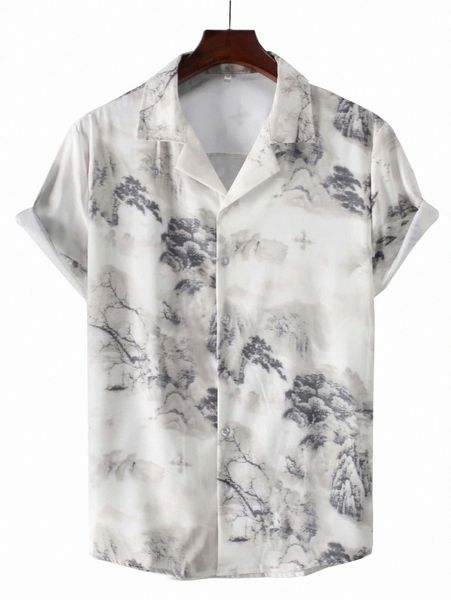 

men landscape print lapel neck shirt z5nn#, White;black