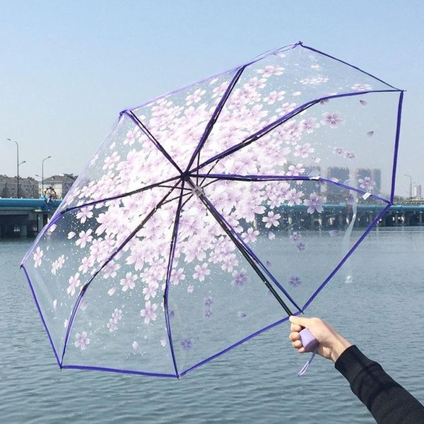 

umbrellas sunshade umbrella women's transparent sakura mushroom print tri-fold kids