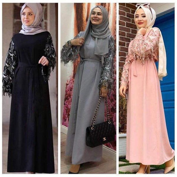 

casual dresses  l xl xxl xxxl party elegant sequin tassels patchwork muslim women long sleeve arab kaftan maxi dress (without hijab, Black;gray