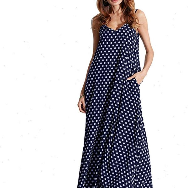 

5xl plus size summer dress 2019 women polka dot print v neck sleeveless sundress loose maxi long beach bohemian vintage dress, Black;gray