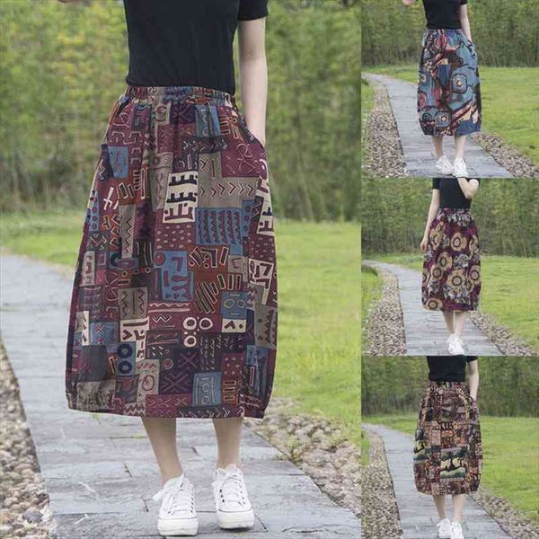 

vintage linen mid-calf casual print womens skirts summer cute fashion, Black