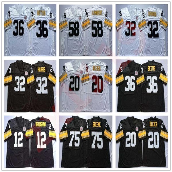 

football jersey 12 terry bradshaw 20 rocky bleier 32 franco harris 36 jerome bettis 58 jack lambert 75 joe greene white black home away jers