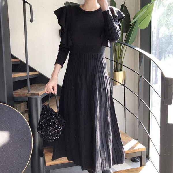 

japan style korean fashion ladies dresses autumn winter simple designer thin elegant sellers ruffle round neck long sleeve, Black;gray