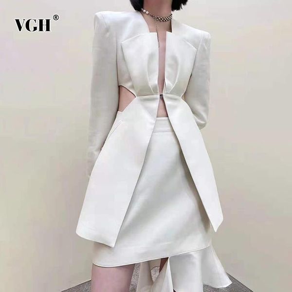 

women's suits & blazers vgh casual apricot cut out female blazer v neck long sleeve korean fashion gathered waist solid jacket autumn 2, White;black
