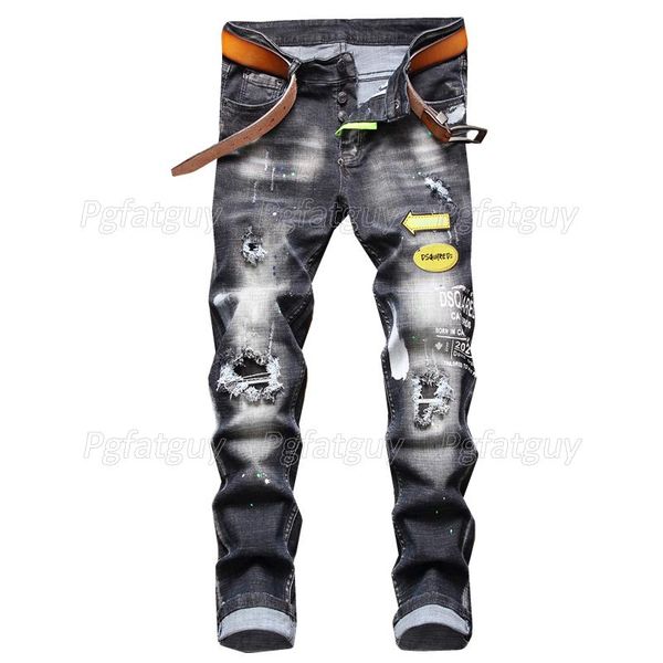 

men's jeans 2021 slim-fit ripped hole retro black patch embroidered stretch denim pants fashion casual pantalons pour hommes, Blue
