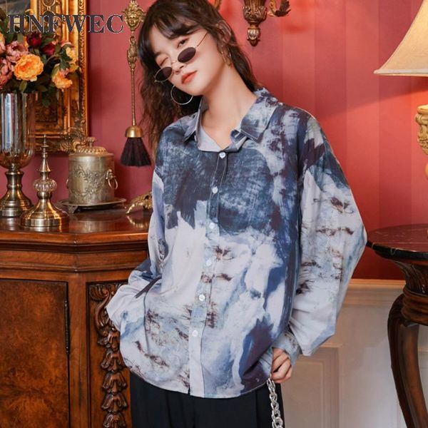 

fall 2021 women long sleeve shirt streetwear blouse button up collar tie dye loose shirt ladies designer clothing p955, White