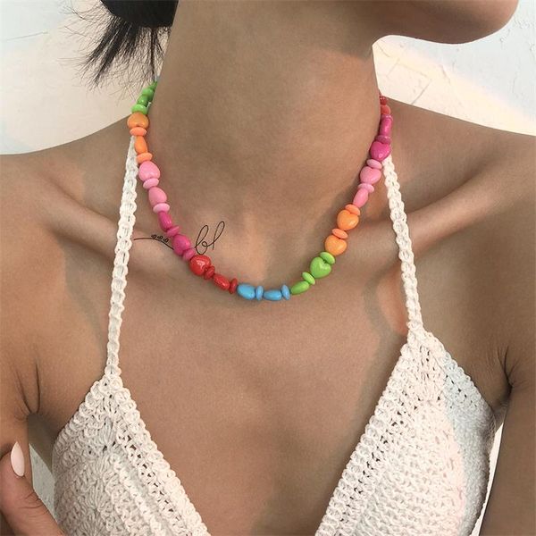

chokers aomu bohemian fashion simple colorful resin beaded necklace sweet irregular geometric love clavicle chain for women jewelry gift, Golden;silver