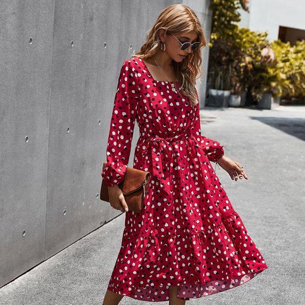 

casual dresses fashion square neck dress 2021 women autumn red floral print office elegant retro long sleeve a-line vestidos, Black;gray