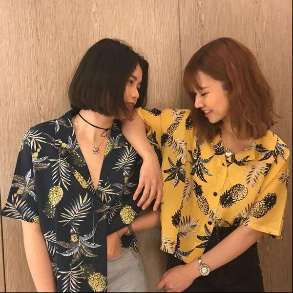 

women hawaiian style vintage button print coconut tree shirt loose fashion casual short sleeve chiffon shirts, White