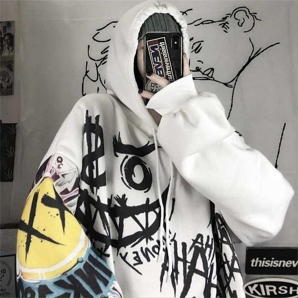 

qweek goth harajuku hoodie punk anime oversized sweatshirt graffiti women cartoon print streetwear 211027, Black