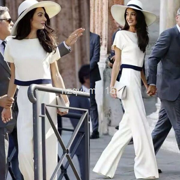 

two piece dress summer women's princess with round neck short sleeve + straight pants set, White