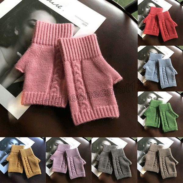 

female warm knitted gloves solid color simple all-match half-finger gloves autumn and winter stylish half finger glove, Blue;gray