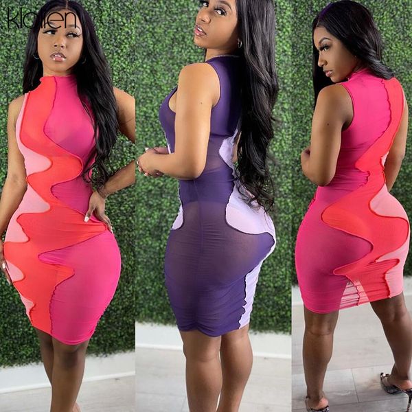 

summer fashion casual mesh patchwork sleeveless skinny mini bodycon dresses 2021 summer new casual beach streetwear, Black;gray