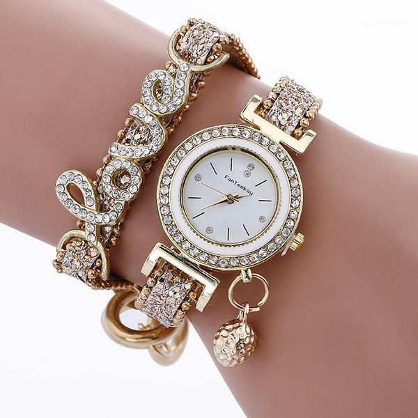 

brand women bracelet watches ladies love leather strap rhinestone quartz wrist watch luxury fashion wristwatches, Slivery;brown