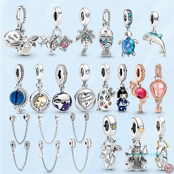 

luxury- 925 sterling silver firefly safety chain blue scaled fish charm beads fit pandora diy jewelry making lady pendants gift, Black