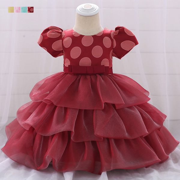 

Baby and Neonate Anniversary Party Ball Cake Point Dress Childrens Princess Full Moon Wine Point Short Sleeve Dress