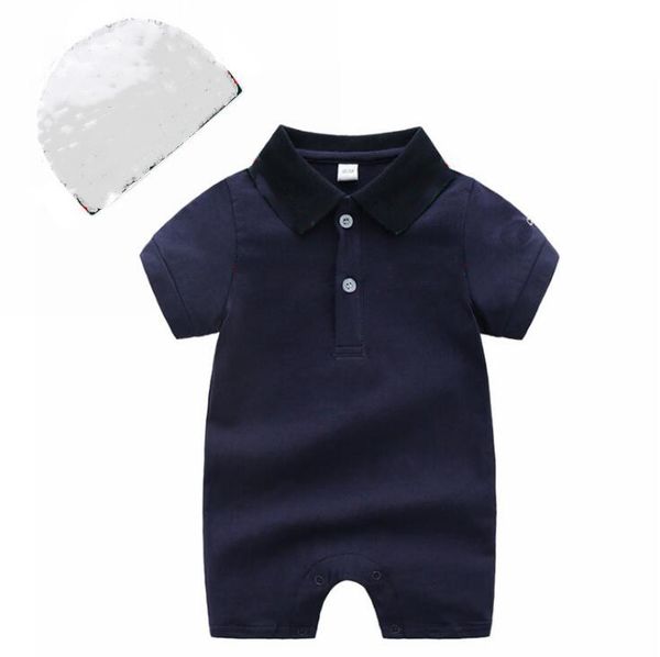

boys and girls designer baby jumpsuit summer thin short sleeve cotton lapel newborn clothes full moon clothes+hat, Blue