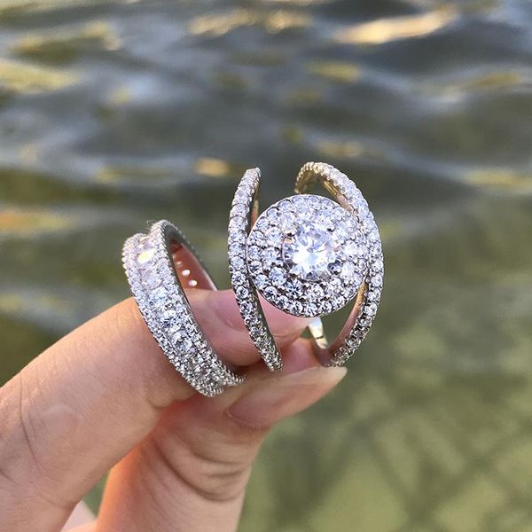 

cluster rings s925 sterling silver jewelry fashion women's retro full diamond zircon ring set factory direct supply, Golden;silver