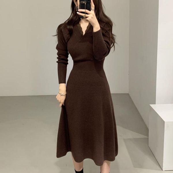 

autumn winter women elegant korean v-neck full sleeve a-line high waist ladies knit sweater dress elegant casual knitwear dress, Black;gray