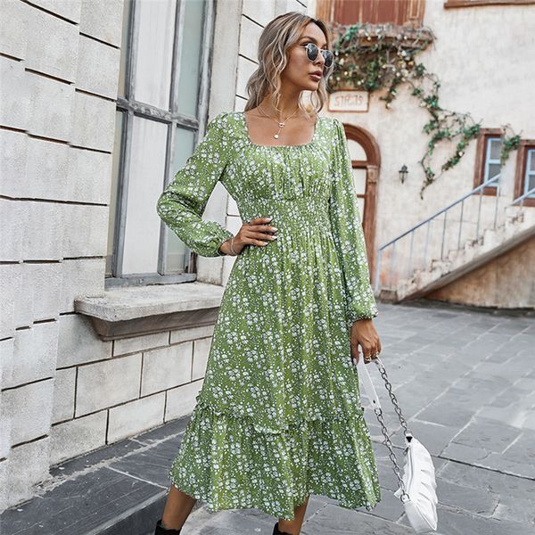 

2021 autumn winter vintage print elegant square collar ruffles slim long floral for women new fashion rd9u, Black;gray