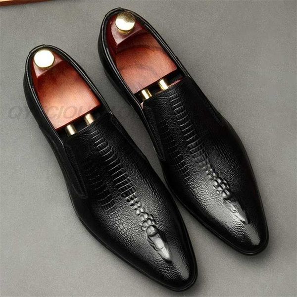 

black burgundy men pointed toe dress shoes genuine leather oxford shoes for men slip on wedding business brogues 211102