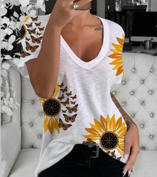 

women's t-shirt clothes flower printed summer women oversized t-shirts comfortable short sleeve casual v-neck soft female clothing, White