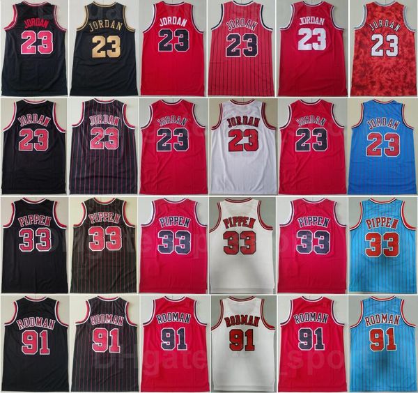 Retro Basketbol Retro Michael Jersey 23 Scottie Pippen 33 Dennis Rodman 91 Stripe Siyah Kırmızı Beyaz Mavi Renk Nefes Alabilir Gömlek Spor Hayranları Vintage Erkekler Gerileme