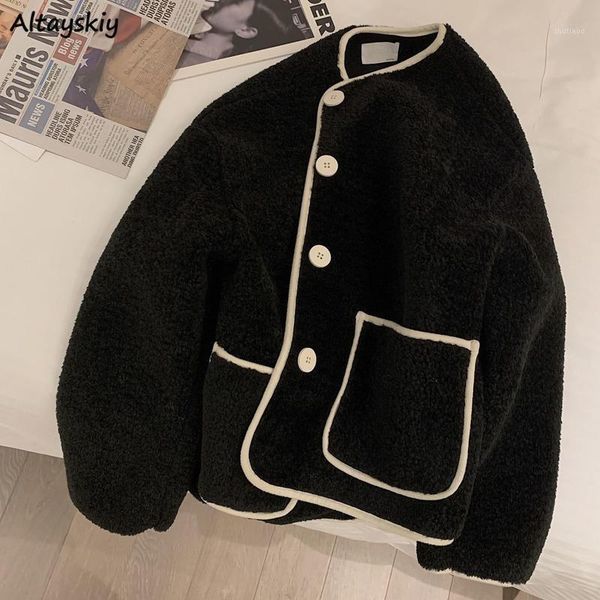 

wool women autumn casual loose pockets elegant daily simple femme clothing warm all-match korean style female outwear women's & blends, Black