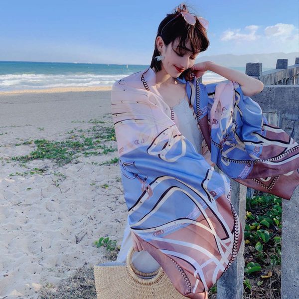 

korean spring autumn women's sunscreen silk versatile long scarf summer super large beach towel dual purpose shawl, Blue;black