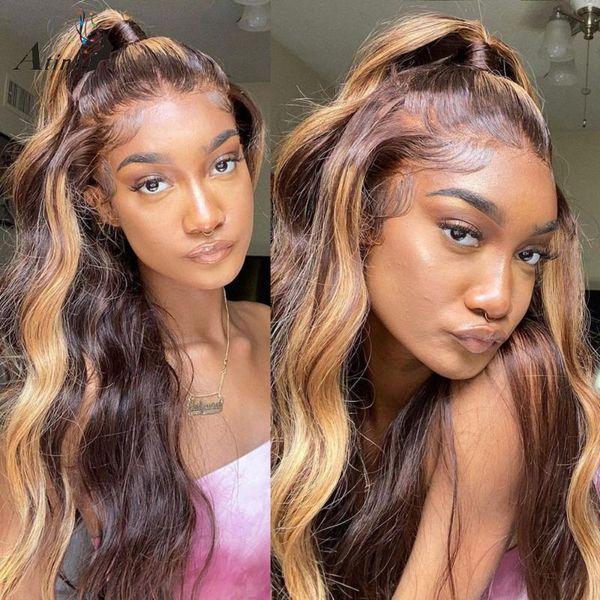 

lace wigs blonde highlight front human hair wig hd deep wave frontal for women ponytail ombre water, Black;brown