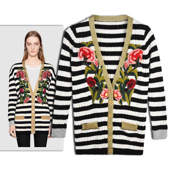 

women's jackets with heavy embroidered solid gold thread black and white stripes knit long female sweater cardigan rssl, Black;brown
