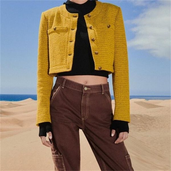 

women's jackets mesttraf women 2021 fashion tweed cropped coat vintage long sleeve false welt pockets outerwear streetwear, Black;brown