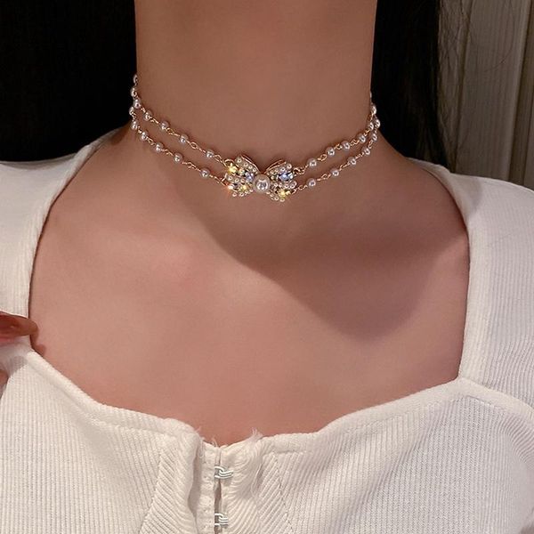 

pendant necklaces korean style small bowknot crystal choker for women pearl chain rhinestone weddings jewelry, Silver
