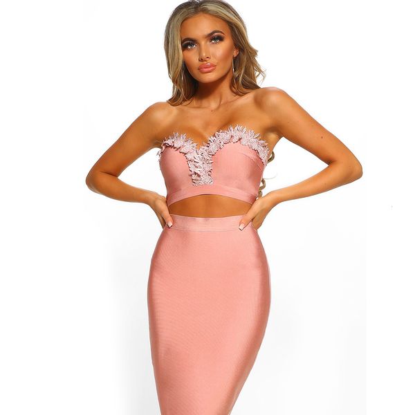 

new strapless lace two piece women summer bandage 2021 designer fashion evening party club vestido hggw, Black;gray