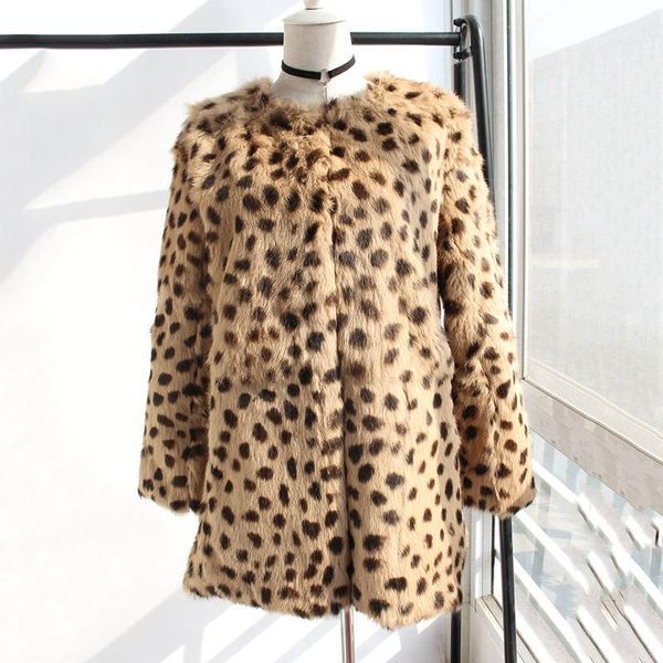 Pele feminina faux 2021 estilo magro casaco natural médio longo o pescoço moda leopardo cor mulheres jaqueta real menina outwear