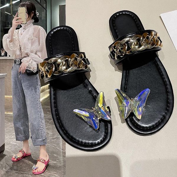 

slippers 2021 women flat beach shoes summer roman ladies sandal fashion butterfly female outdoor casual chain footwear, Black
