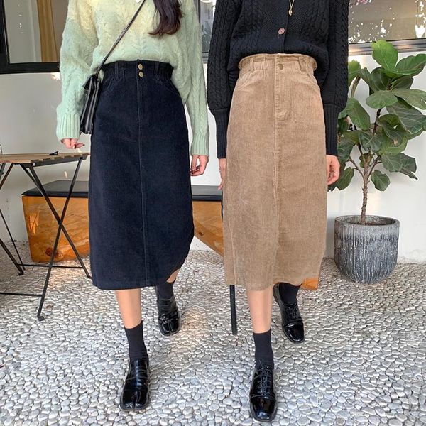 

corduroy pencil skirts 2021 elastic waist straight skirt young women casual mid-length midi skirt black khaki lady skirts bsq064