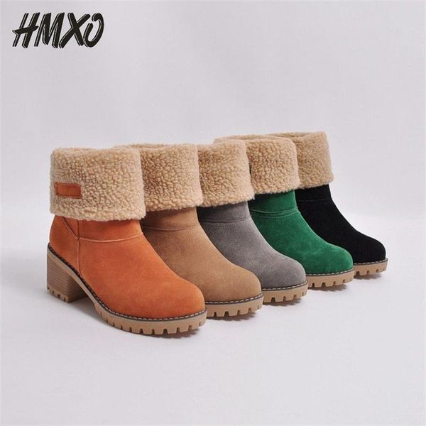 

boots hmxo winter thick-soled increased square heel mid-heel mid-tube thermal snow women non-slip fringed edge, Black