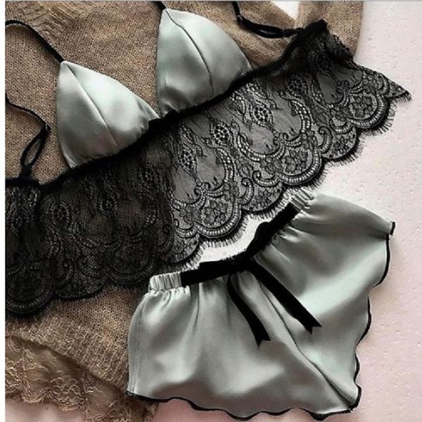 

silk lace two piece suit suspender pajamas underwear, Black;white