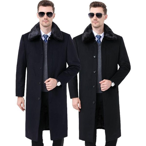 

men's wool & blends feather coats paragraph dust coat grows in middle-aged men cloth dad woolen thickening, Black